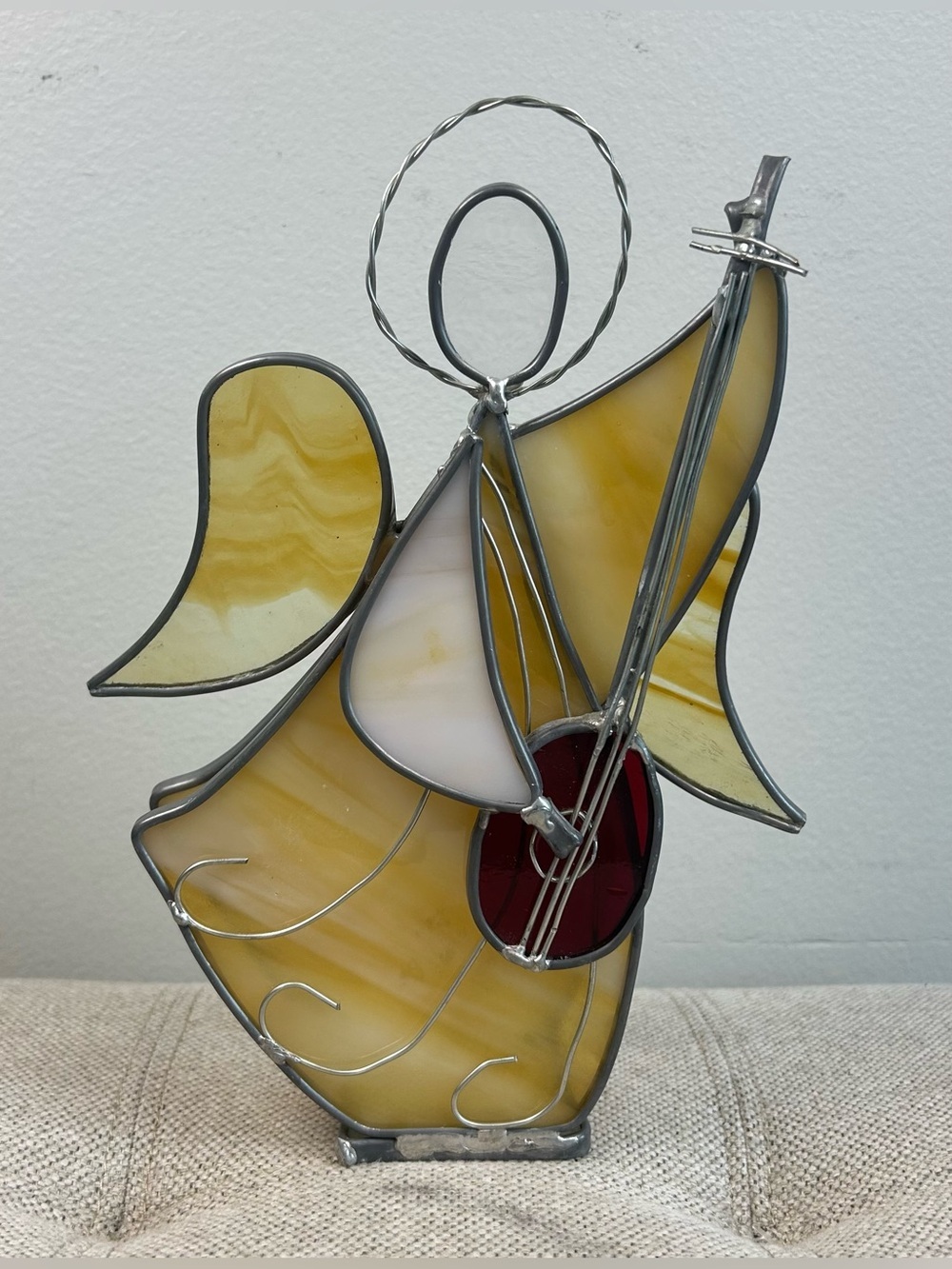 Stained Glass Art Angel Playing Instrument 3D Welded Multicolor Beautiful 9”